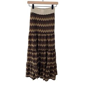 Arden B Tiered Maxi Skirt Brown Chevron Crochet Stretch Waist Boho Festival XS